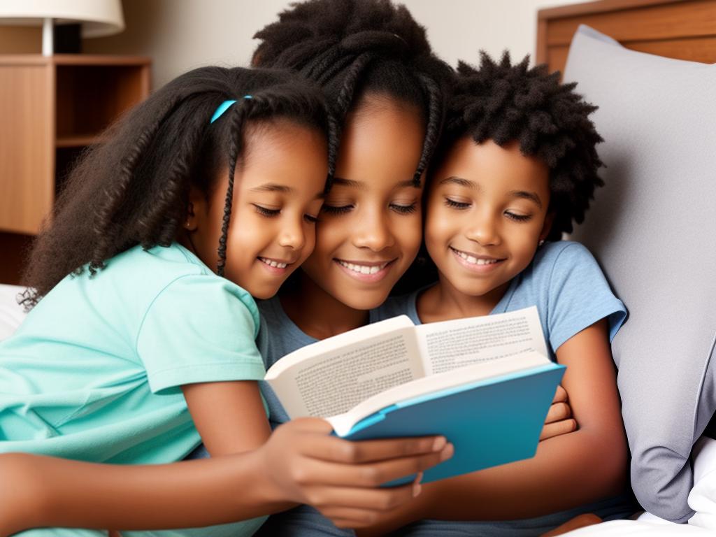 A parent and a child sitting on a bed and reading a book together.