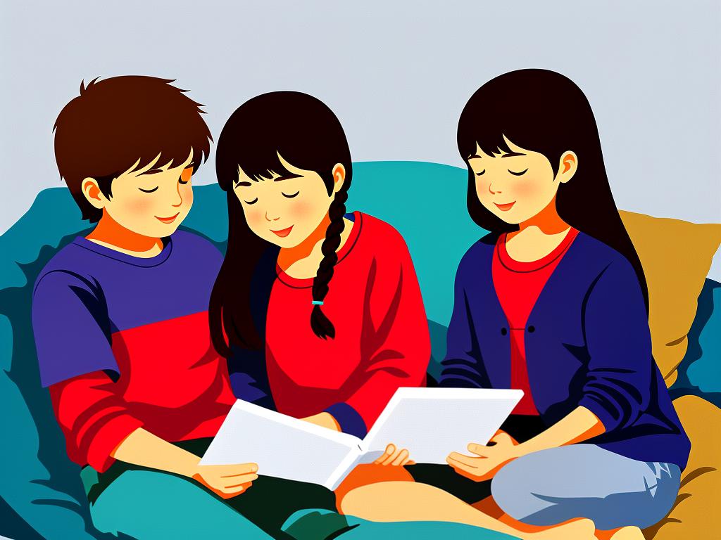 Illustration of a child and a parent reading a book together at bedtime